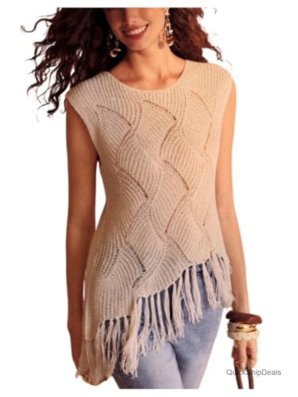 Crochet Fringe Knit Sweater Tank Top Sleeveless Crewneck Boho Vest